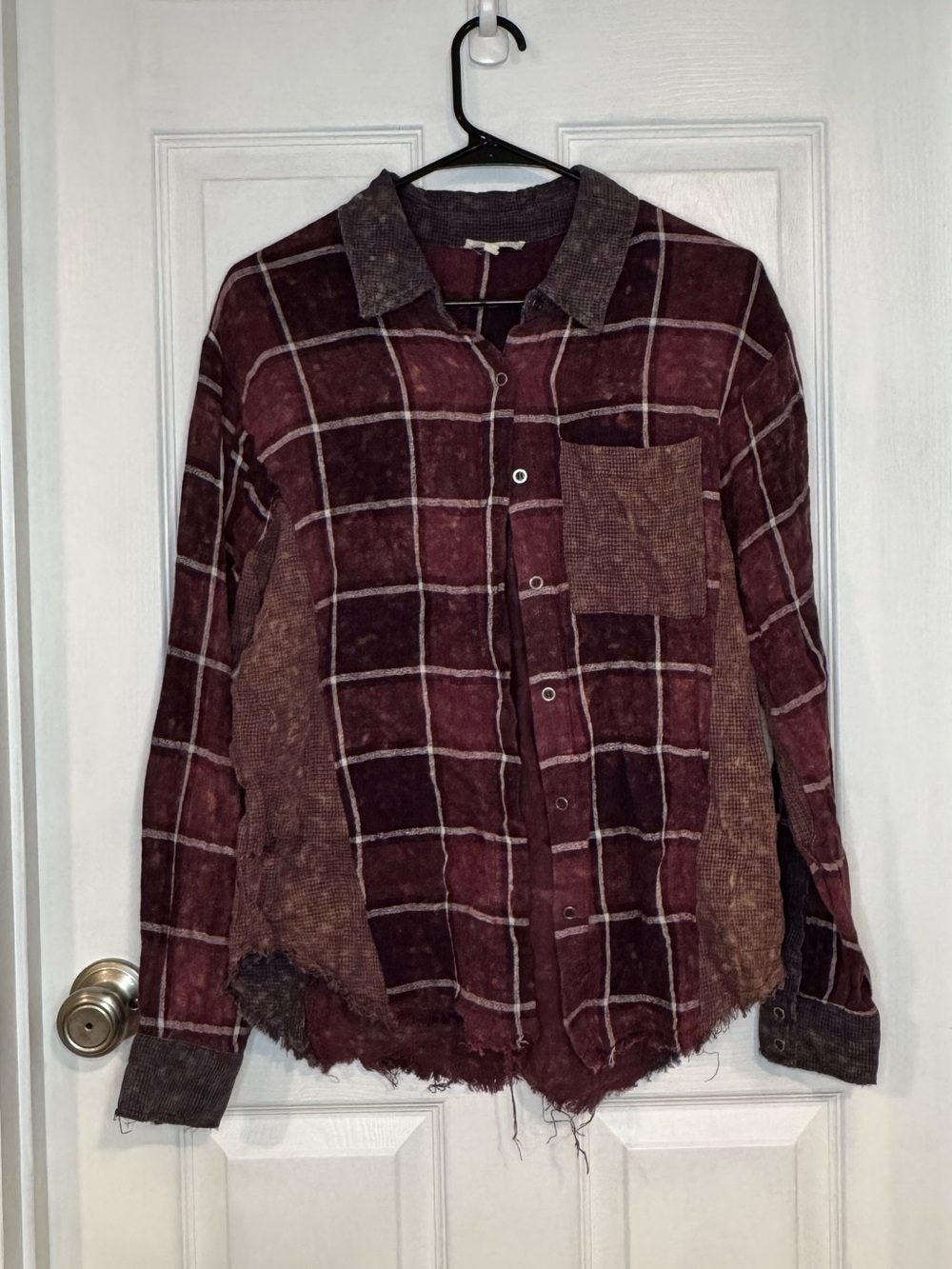 Mystree Burgundy Plaid Distressed Oversized Button-Down Shirt
